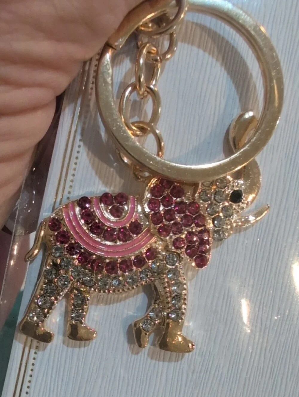 Gold Elephant Keychain with Pink And Red  Rhinestones